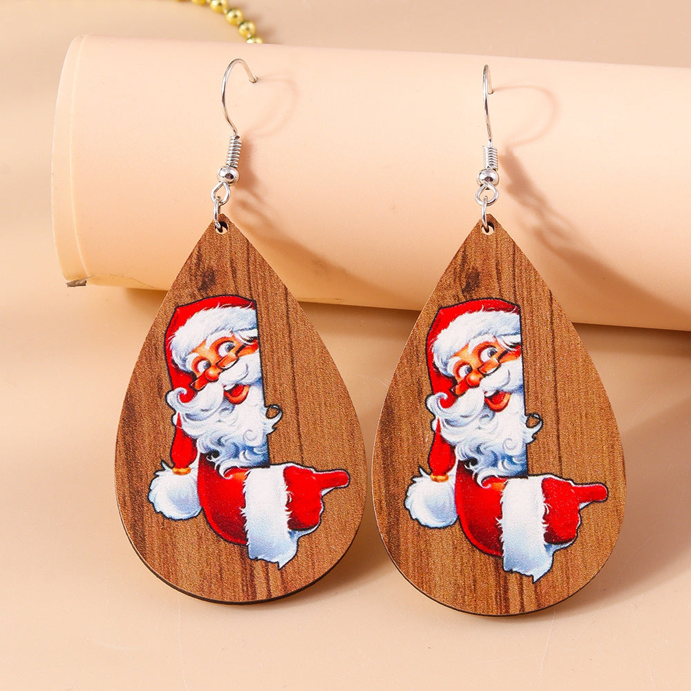 Wholesale Christmas Cartoon Santa Claus Drop Shape Wooden Earrings